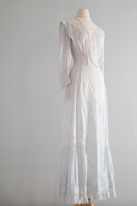 Ethereal Edwardian Cotton Lawn Gown in Pale Blue With Lace Insets  / XS