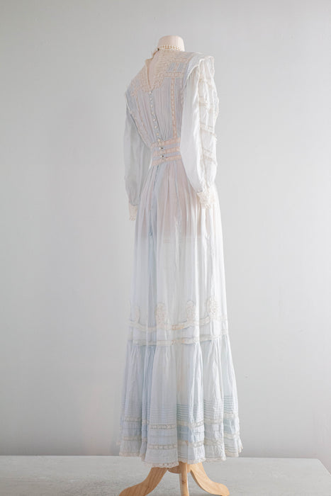 Ethereal Edwardian Cotton Lawn Gown in Pale Blue With Lace Insets  / XS