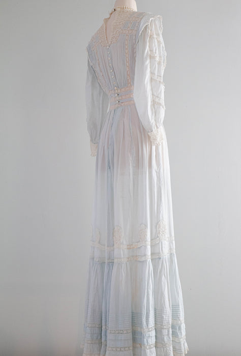 Ethereal Edwardian Cotton Lawn Gown in Pale Blue With Lace Insets  / XS