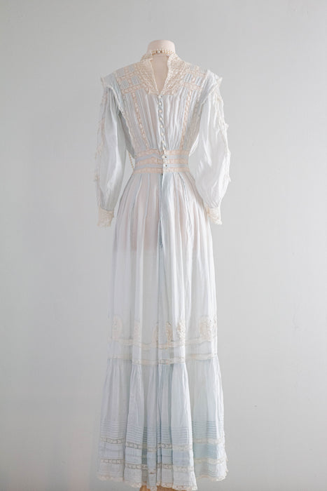 Ethereal Edwardian Cotton Lawn Gown in Pale Blue With Lace Insets  / XS