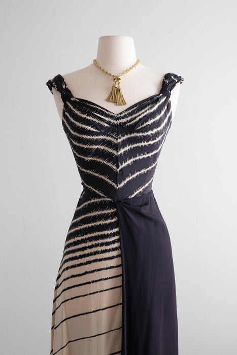 Attributed to Madame Grès “Zebra” Silk Evening Dress, circa 1938, Similar to the gown photographed by George Hoyningen-Huene for Harper’s Bazaar, worn by Lisa Fonssagrives/ S