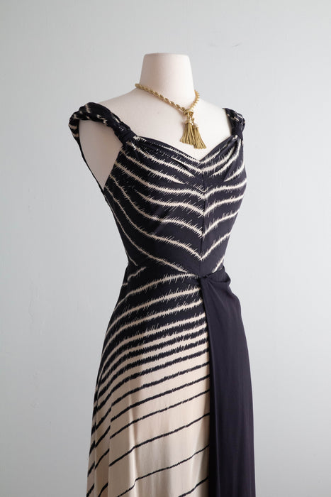 Attributed to Madame Grès “Zebra” Silk Evening Dress, circa 1938, Similar to the gown photographed by George Hoyningen-Huene for Harper’s Bazaar, worn by Lisa Fonssagrives/ S
