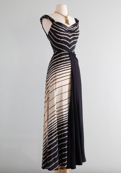 Attributed to Madame Grès “Zebra” Silk Evening Dress, circa 1938, Similar to the gown photographed by George Hoyningen-Huene for Harper’s Bazaar, worn by Lisa Fonssagrives/ S