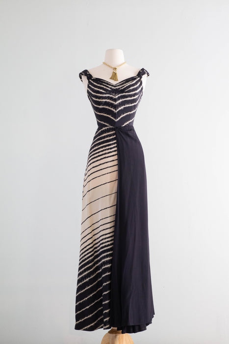 Attributed to Madame Grès “Zebra” Silk Evening Dress, circa 1938, Similar to the gown photographed by George Hoyningen-Huene for Harper’s Bazaar, worn by Lisa Fonssagrives/ S
