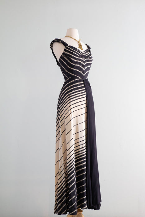 Attributed to Madame Grès “Zebra” Silk Evening Dress, circa 1938, Similar to the gown photographed by George Hoyningen-Huene for Harper’s Bazaar, worn by Lisa Fonssagrives/ S