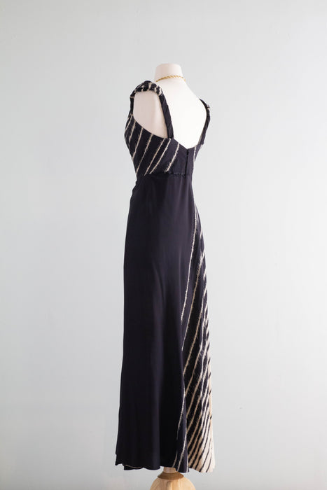 Attributed to Madame Grès “Zebra” Silk Evening Dress, circa 1938, Similar to the gown photographed by George Hoyningen-Huene for Harper’s Bazaar, worn by Lisa Fonssagrives/ S