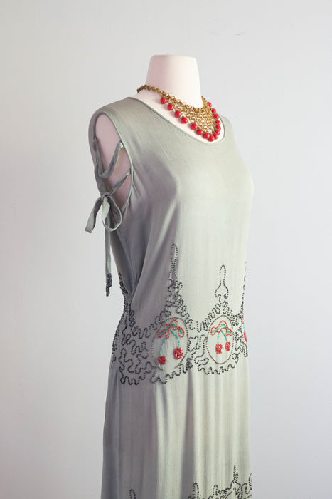 Extraordinary & Rare 1920's Cherry Beaded Silk Crepe Flapper Dress / Medium