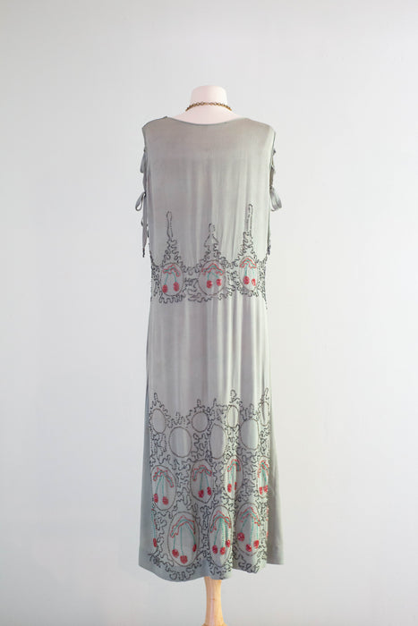 Extraordinary & Rare 1920's Cherry Beaded Silk Crepe Flapper Dress / Medium