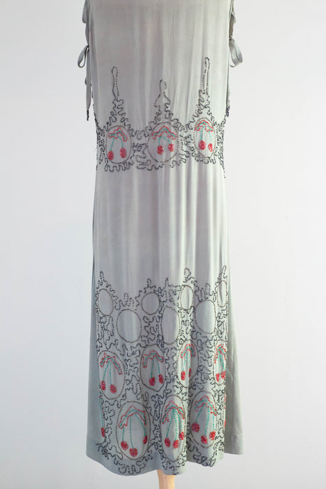 Extraordinary & Rare 1920's Cherry Beaded Silk Crepe Flapper Dress / Medium