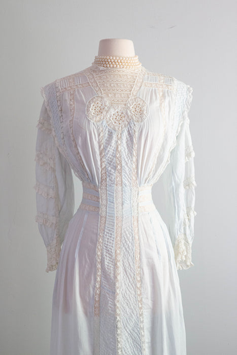 Ethereal Edwardian Cotton Lawn Gown in Pale Blue With Lace Insets  / XS