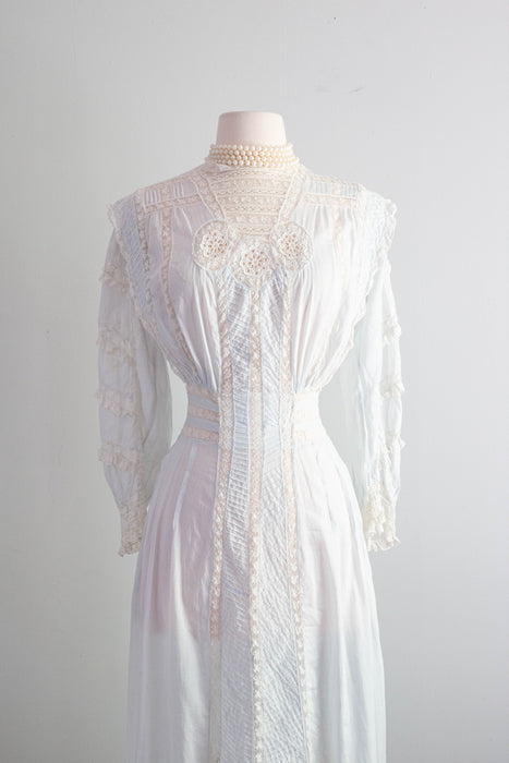 Ethereal Edwardian Cotton Lawn Gown in Pale Blue With Lace Insets  / XS