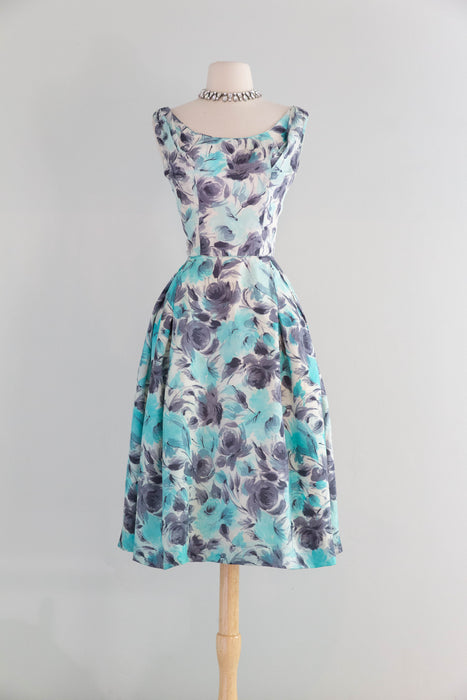 Elegant 1950's Aquamarine & Charcoal Silk Rose Print Cocktail Dress / M