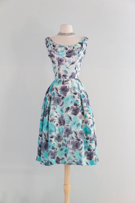 Elegant 1950's Aquamarine & Charcoal Silk Rose Print Cocktail Dress / M