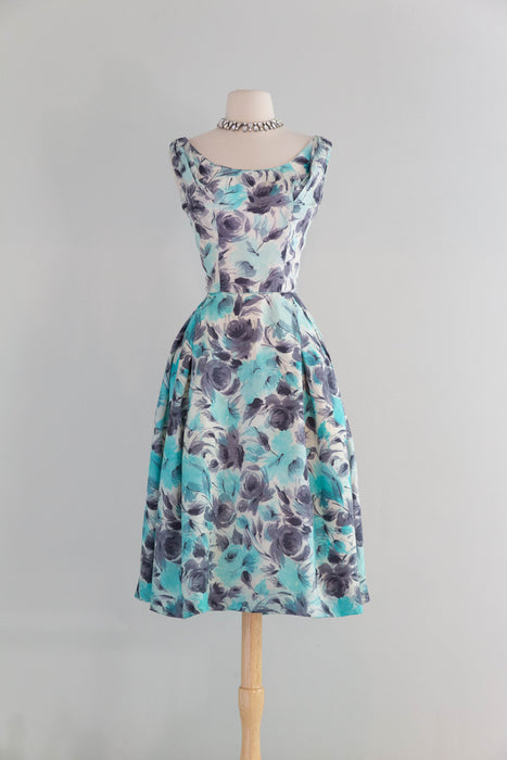 Elegant 1950's Aquamarine & Charcoal Silk Rose Print Cocktail Dress / M