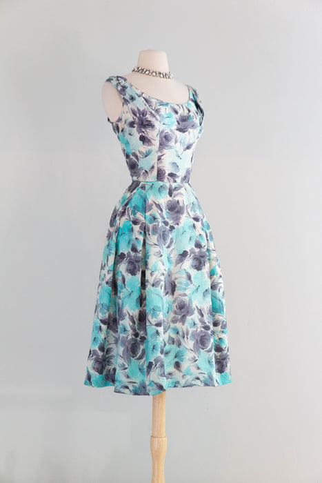 Elegant 1950's Aquamarine & Charcoal Silk Rose Print Cocktail Dress / M