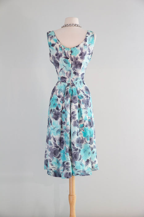 Elegant 1950's Aquamarine & Charcoal Silk Rose Print Cocktail Dress / M