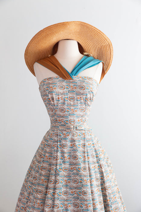 Fabulous 1950's Cotton Sundress With Two Tone Halter Straps / S