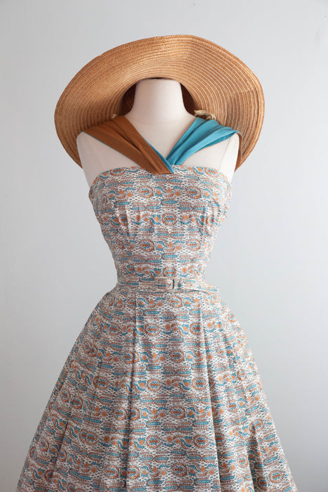 Fabulous 1950's Cotton Sundress With Two Tone Halter Straps / S