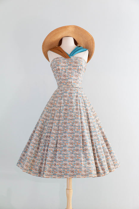 Fabulous 1950's Cotton Sundress With Two Tone Halter Straps / S