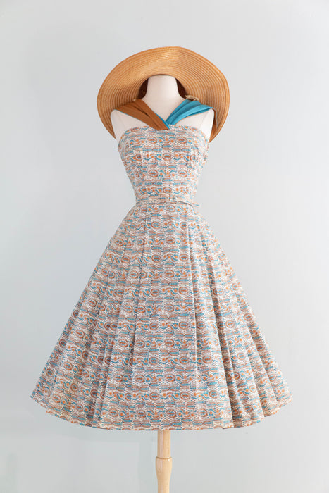 Fabulous 1950's Cotton Sundress With Two Tone Halter Straps / S
