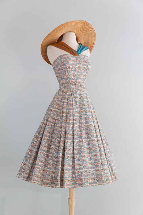 Fabulous 1950's Cotton Sundress With Two Tone Halter Straps / S