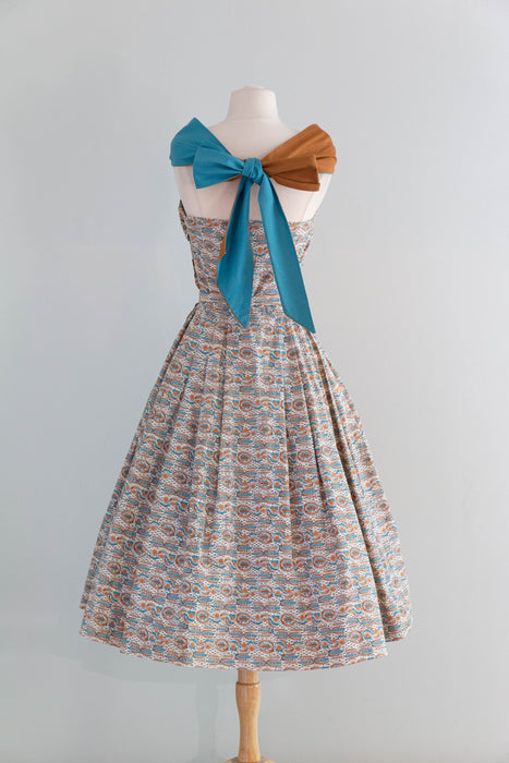 Fabulous 1950's Cotton Sundress With Two Tone Halter Straps / S