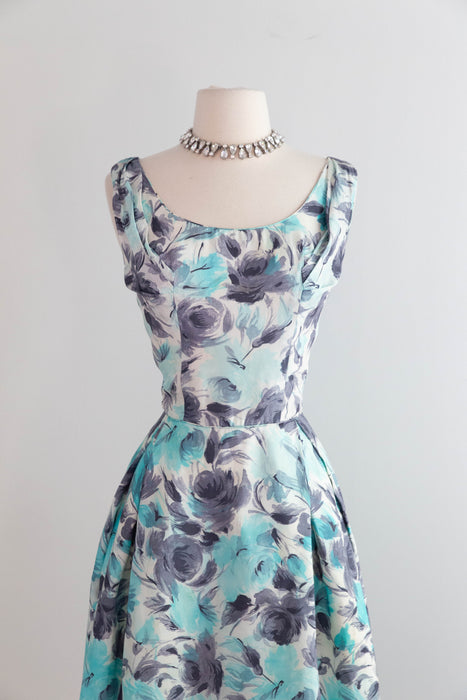 Elegant 1950's Aquamarine & Charcoal Silk Rose Print Cocktail Dress / M