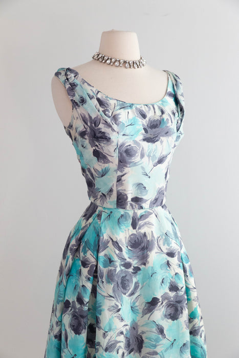 Elegant 1950's Aquamarine & Charcoal Silk Rose Print Cocktail Dress / M