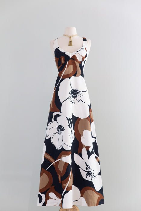 Fabulous 1970's MALIA Bold Grapic Floral Print Cotton Maxi Dress / SM