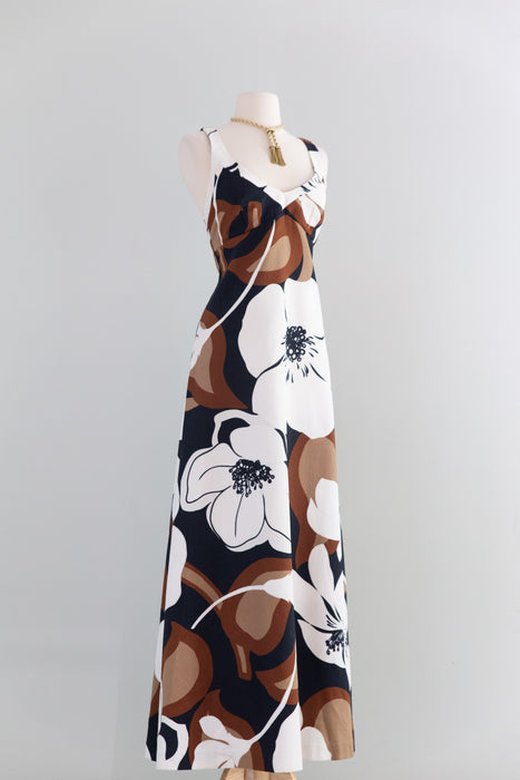 Fabulous 1970's MALIA Bold Grapic Floral Print Cotton Maxi Dress / SM