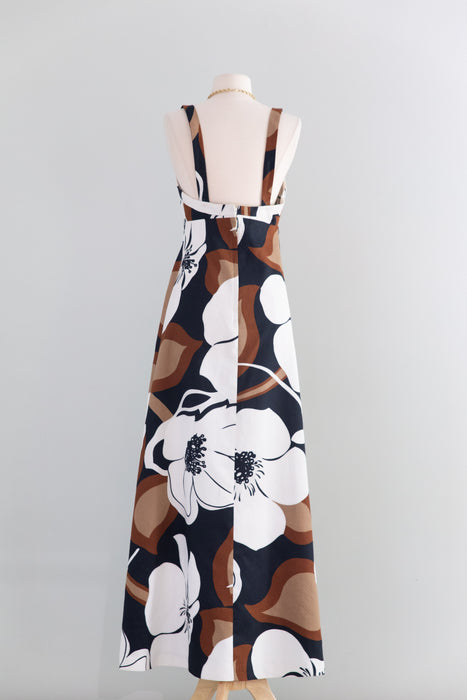 Fabulous 1970's MALIA Bold Grapic Floral Print Cotton Maxi Dress / SM