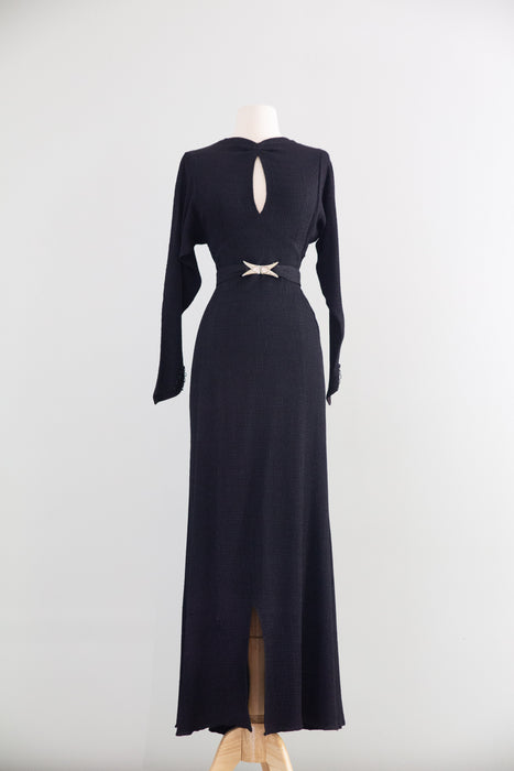 Divine 1930's Black Rayon Femme Fatale Evening Gown by Jill & Breen New York / S