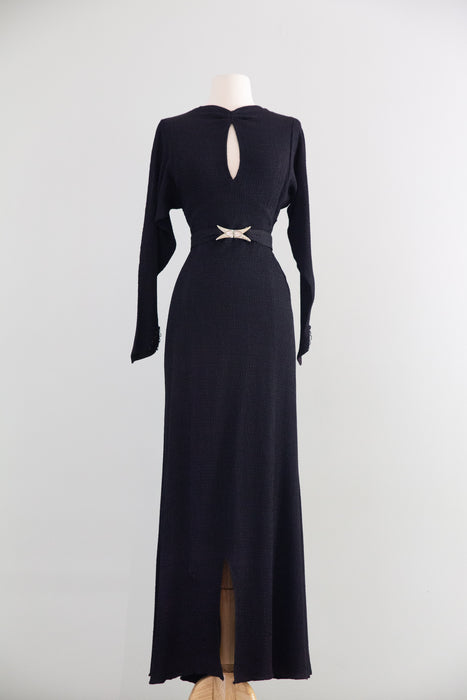 Divine 1930's Black Rayon Femme Fatale Evening Gown by Jill & Breen New York / S
