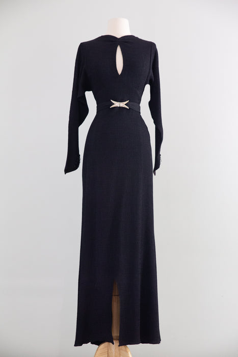 Divine 1930's Black Rayon Femme Fatale Evening Gown by Jill & Breen New York / S
