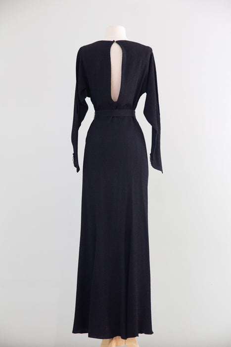 Divine 1930's Black Rayon Femme Fatale Evening Gown by Jill & Breen New York / S