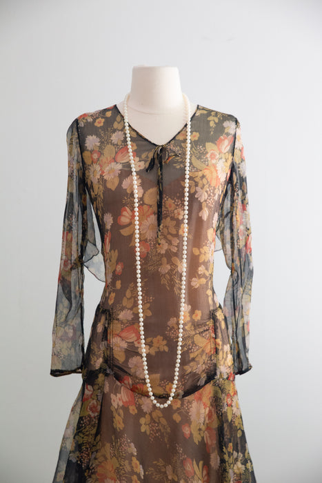 Gorgeous 1920's Autumn Floral Silk Chiffon Afternoon Dress / M