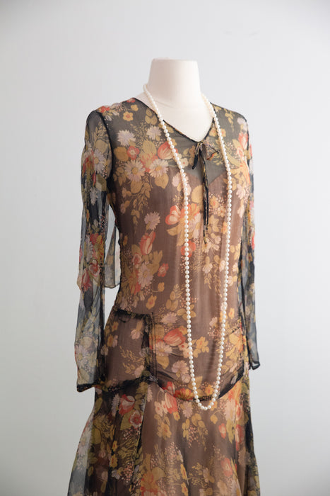 Gorgeous 1920's Autumn Floral Silk Chiffon Afternoon Dress / M