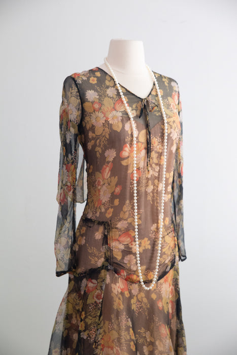 Gorgeous 1920's Autumn Floral Silk Chiffon Afternoon Dress / M