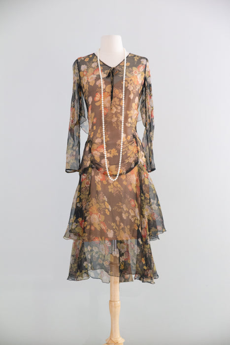 Gorgeous 1920's Autumn Floral Silk Chiffon Afternoon Dress / M