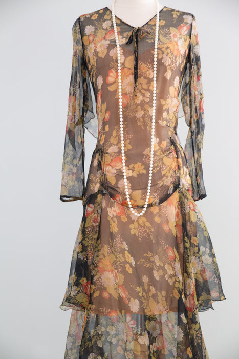 Gorgeous 1920's Autumn Floral Silk Chiffon Afternoon Dress / M