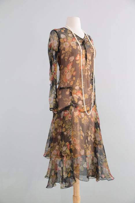Gorgeous 1920's Autumn Floral Silk Chiffon Afternoon Dress / M