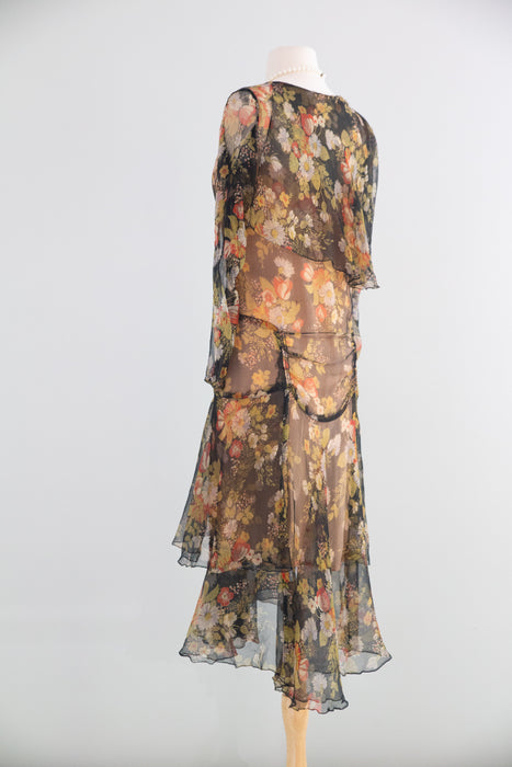 Gorgeous 1920's Autumn Floral Silk Chiffon Afternoon Dress / M