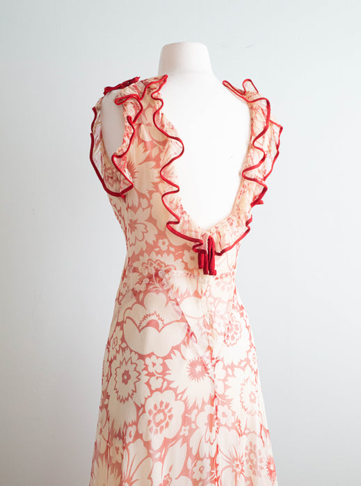 The Dreamiest 1930's Sheer Red Floral Print Bias Cut Gown / Small