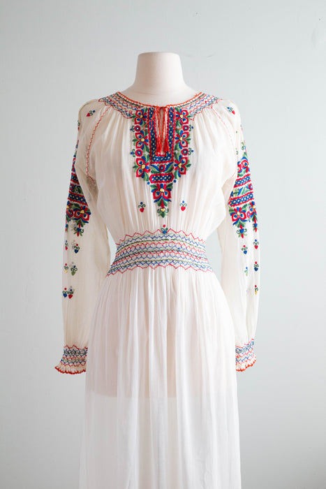 Exquisite 1920's Hungarian Embroidered Cotton Voile Dress / Medium