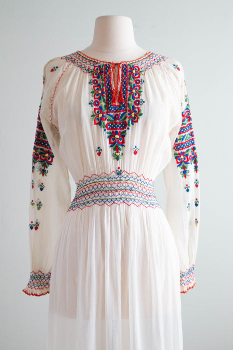 Exquisite 1920's Hungarian Embroidered Cotton Voile Dress / Medium