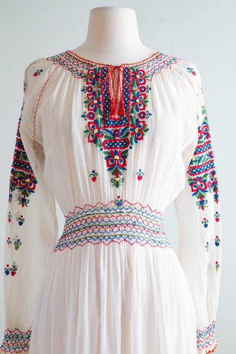 Exquisite 1920's Hungarian Embroidered Cotton Voile Dress / Medium