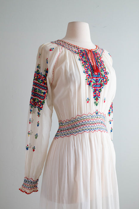 Exquisite 1920's Hungarian Embroidered Cotton Voile Dress / Medium