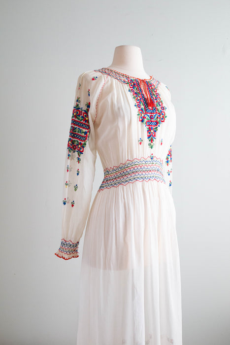 Exquisite 1920's Hungarian Embroidered Cotton Voile Dress / Medium