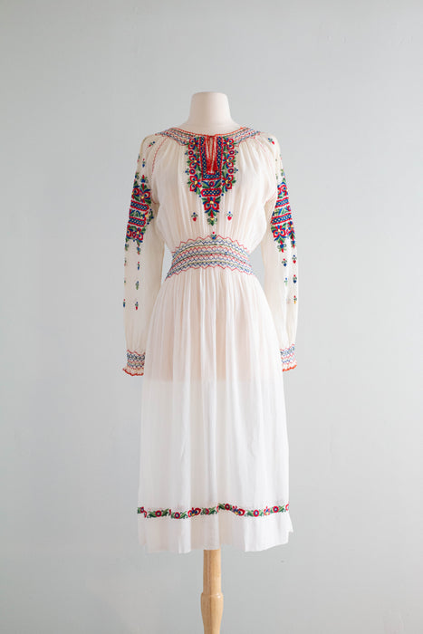 Exquisite 1920's Hungarian Embroidered Cotton Voile Dress / Medium