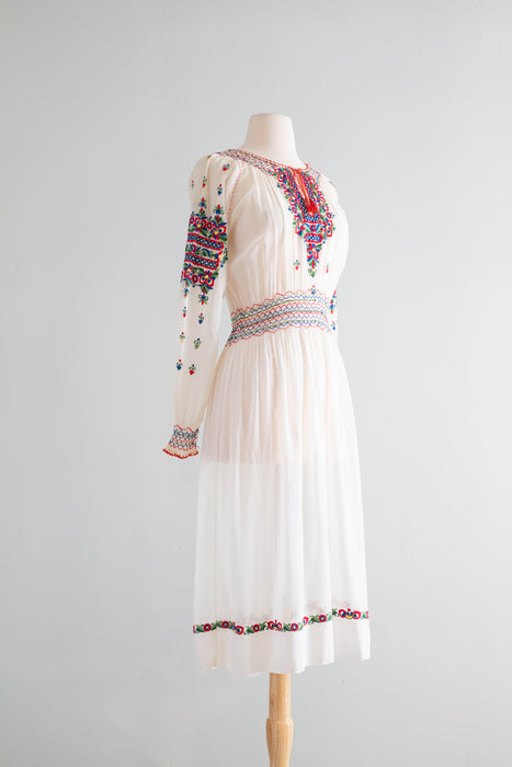 Exquisite 1920's Hungarian Embroidered Cotton Voile Dress / Medium